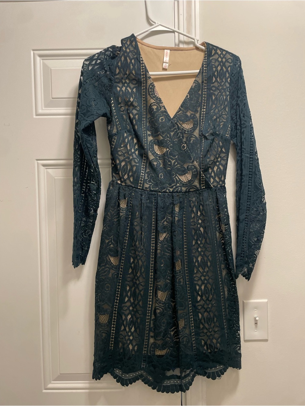 Xhilaration Womens Teal Lace Long-Sleeve V-Neck Dress Size XS